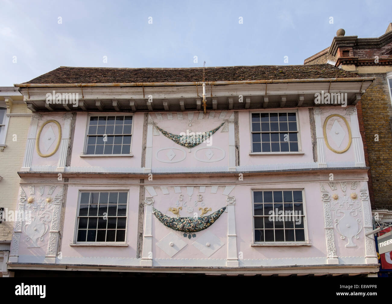 Ornate facade on 17th century building circa 1680 in the town centre of Maidstone, Kent, England, UK, Britain Stock Photo