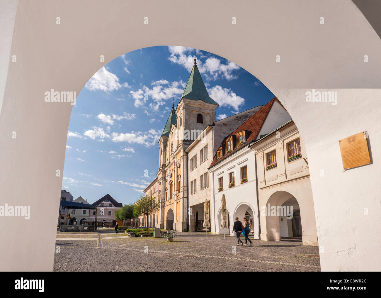 Church of St Paul, seen from arcades at Marianske namestie, square in center of Zilina, Slovakia Stock Photo