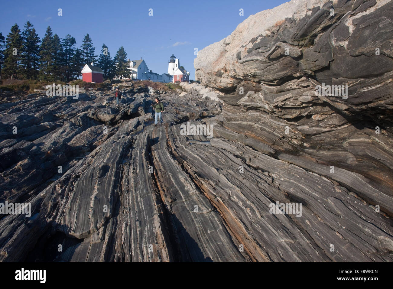 Rocky shore near the Pemaquid Point Light, Maine Stock Photo