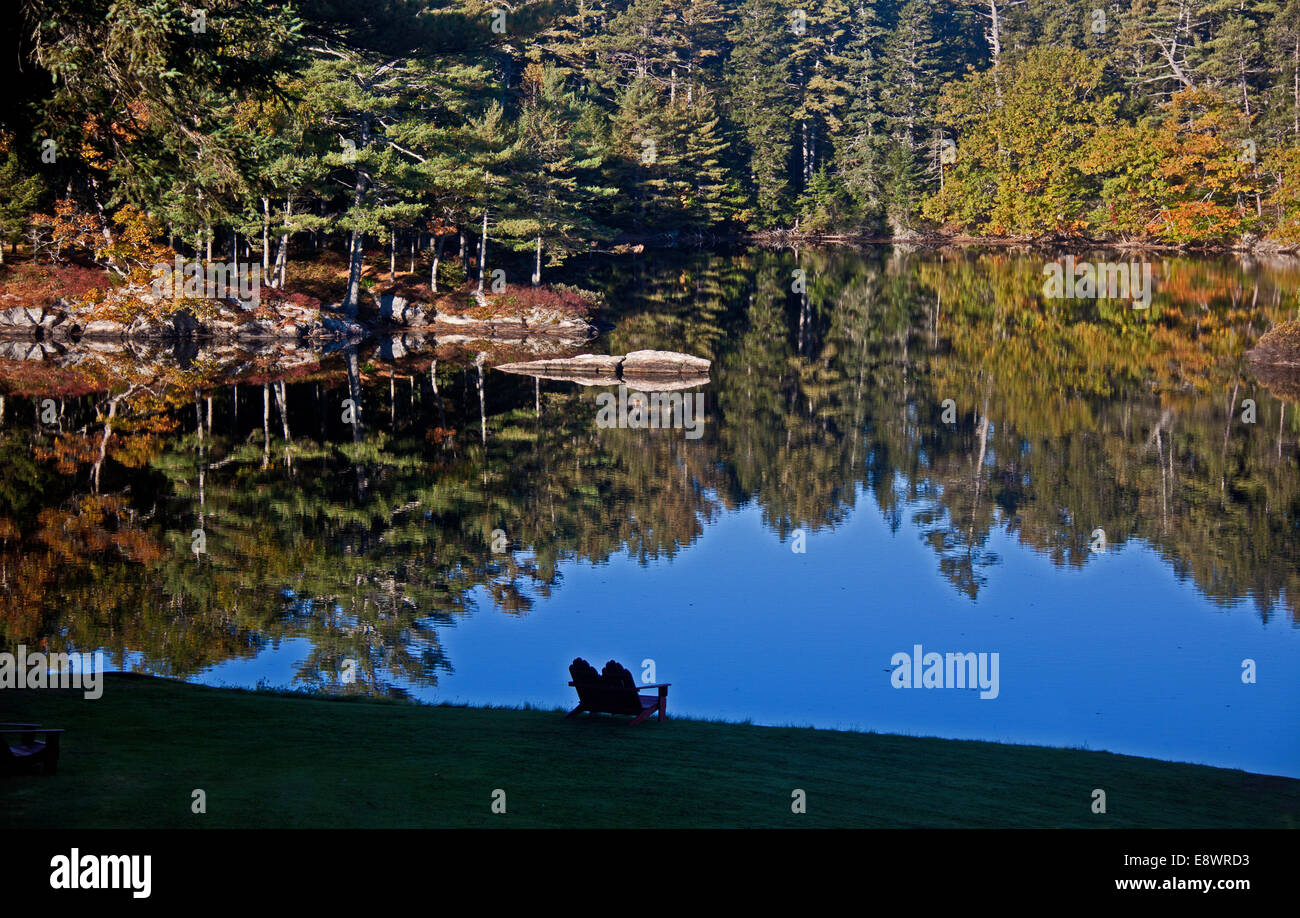West Harbor Pond in Boothbay Harbor, Maine, on a still October morning Stock Photo