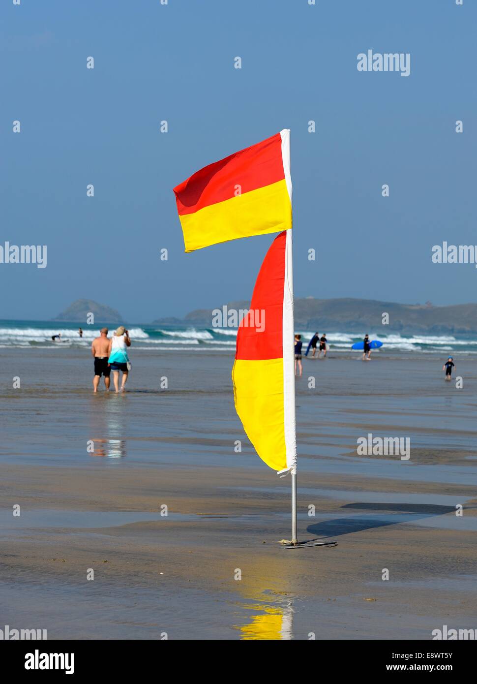 Lifeguard on duty flags Perranporth Cornwall England uk Stock Photo Alamy