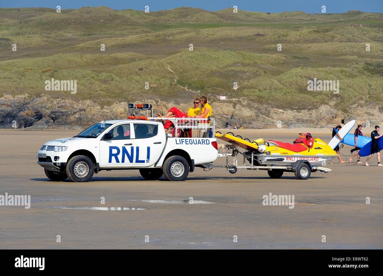 Lifeguards on duty Perranporth beach Cornwall UK Stock Photo