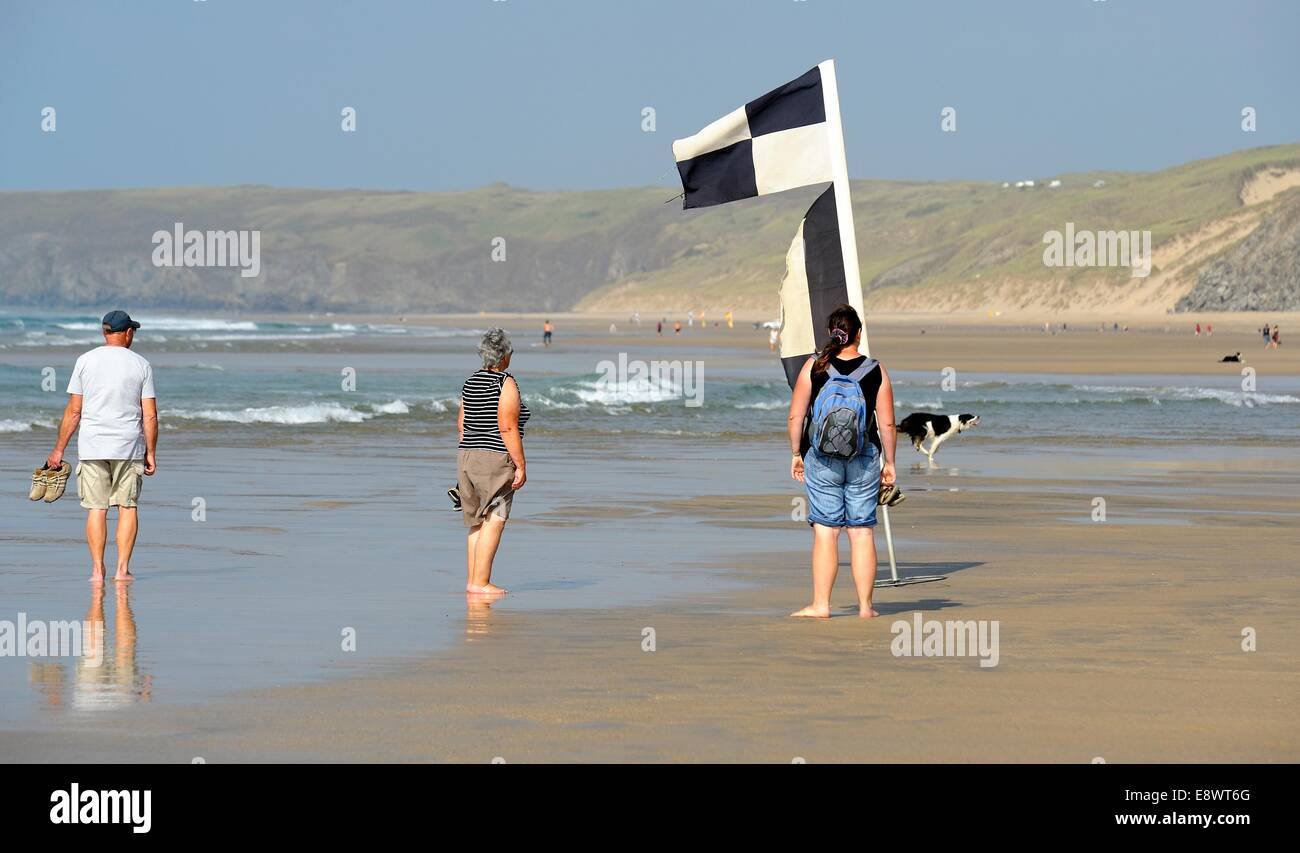 Safe area Boundary Flag markers Perranporth beach Cornwall England uk Stock Photo