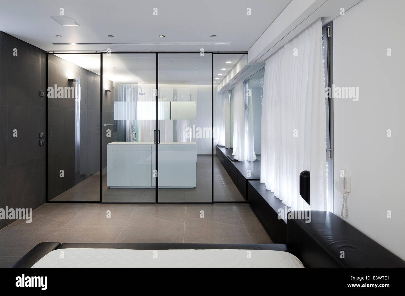 En suite bathroom and bedroom in Sarig House, Israel, Middle East Stock