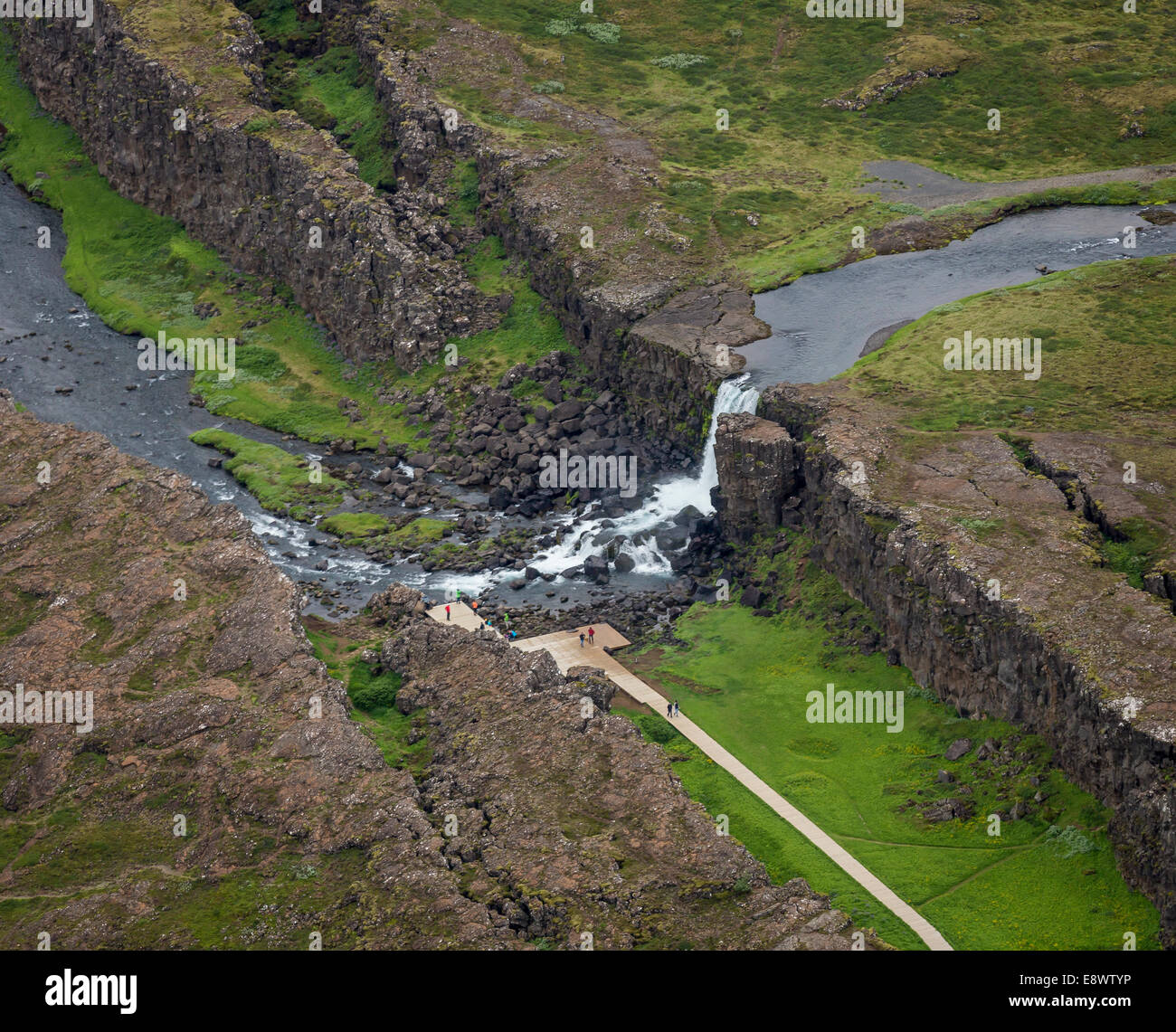 Aerial of Oxararfoss, Almannagja fissure, Thingvellir National Park, Iceland Stock Photo