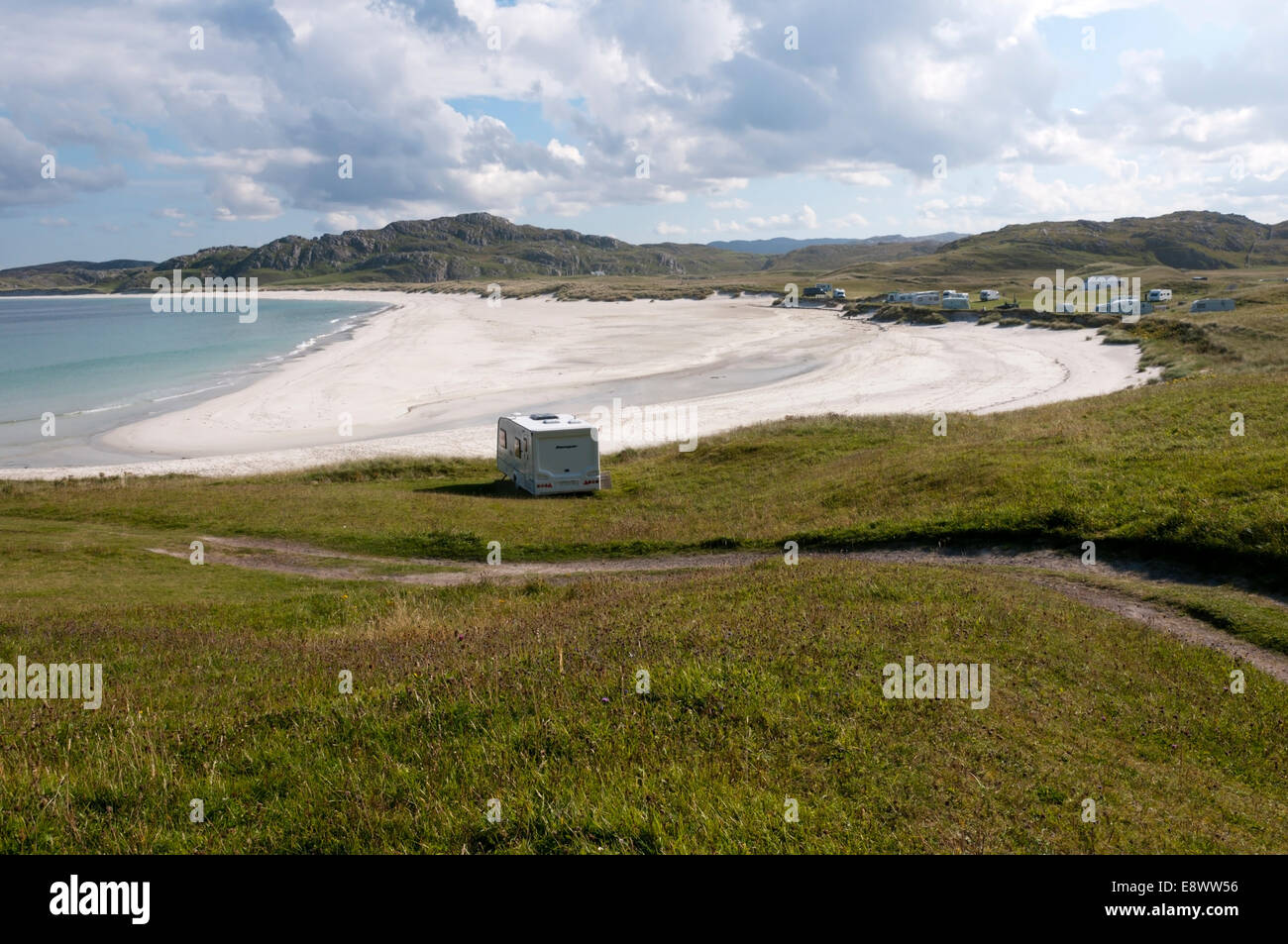 Caravan parked on machair behind Reef Beach or Tràigh na Beirigh on the west coast of the Isle of Lewis in the Outer Hebrides. Stock Photo