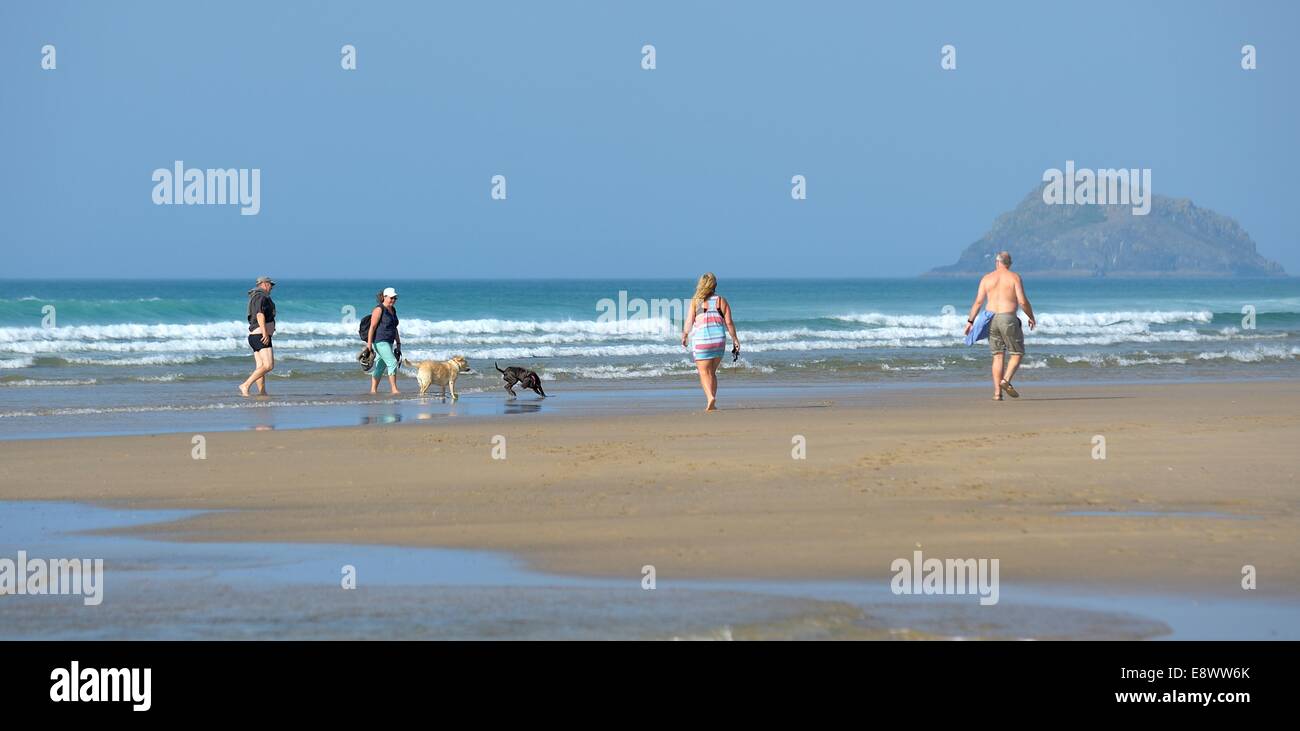 People walking dogs along Penhale Sands Perranporth Beach Cornwall England uk Stock Photo