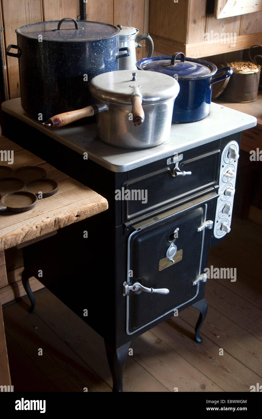 Old-fashioned domestic kitchen from traditional house at the Skoga Museum, near Skogafoss, South Iceland Stock Photo