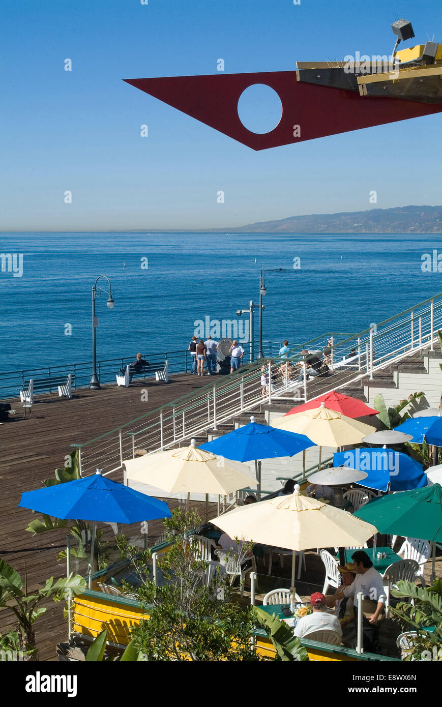 Colourful restaurant umbrellas on Santa Monica pier, California, USA Stock Photo