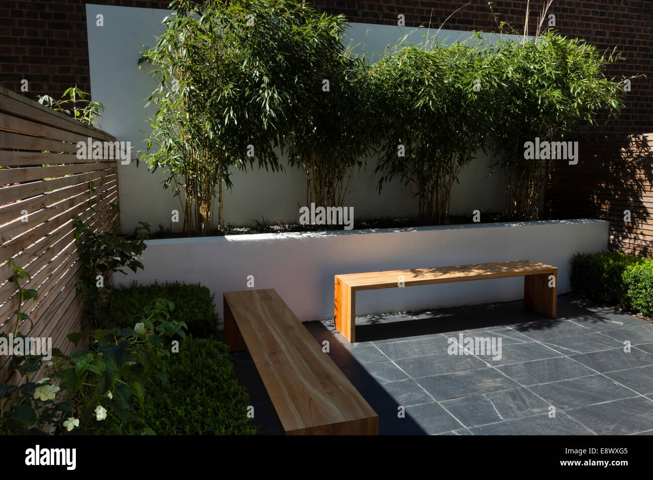 Compact, contemporary town garden patio in the Islington area of North London, UK, designed by Modular. With retaining wall containing raised bed planted with bamboos, underplanted with ophiopogon and clipped box hedging. Wooden benches in the minimalist Stock Photo