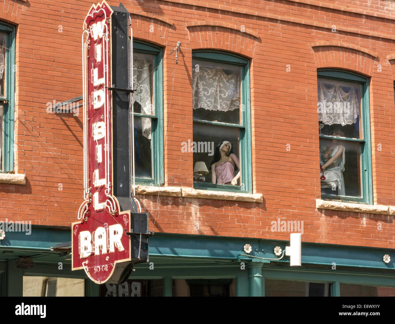 Wild Bill Bar Neon Sign, Historic Main Street in Deadwood, South Dakota, USA Stock Photo