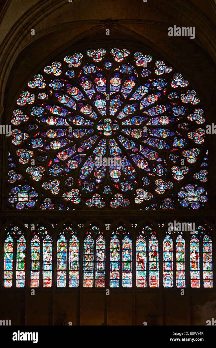 Rose window in Notre Dame cathedral in Paris Stock Photo