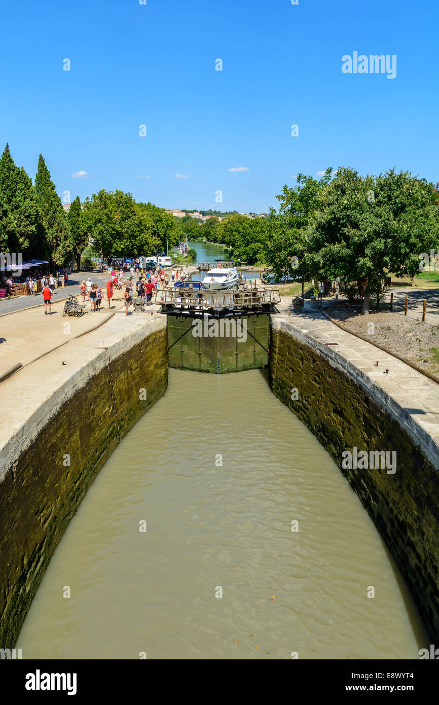 Ecluses de Fonserannes, summer 2014 , Canal du Midi, Beziers, France Stock Photo