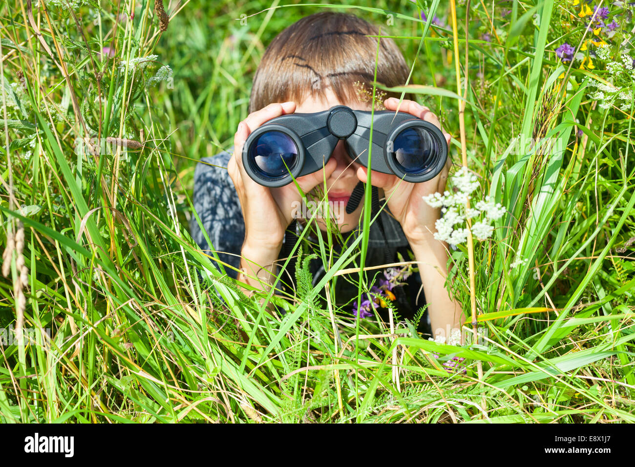 Boy hiding in grass looking through binoculars outdoor Stock Photo