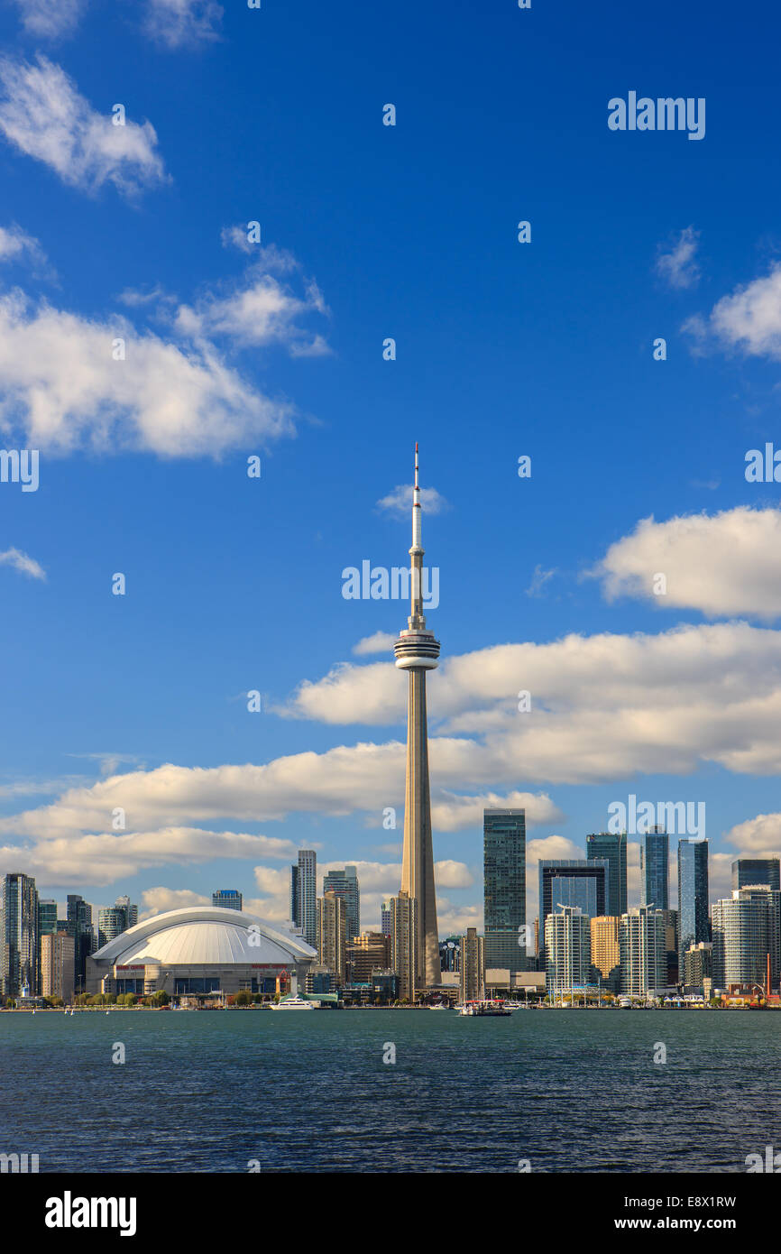 Famous Toronto Skyline with the CN Tower and Rogers Centre taken from the Toronto Islands. Stock Photo