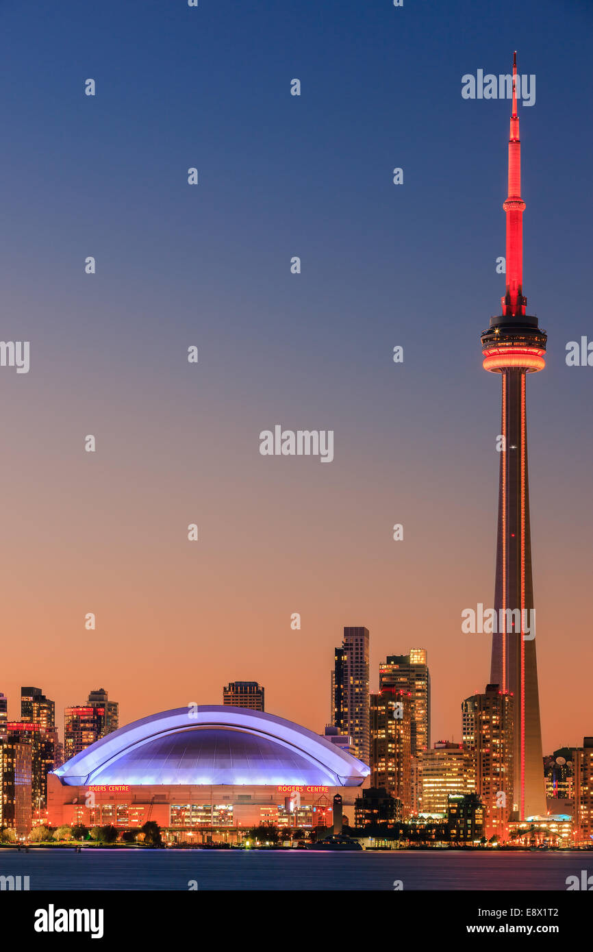 Famous Toronto Skyline with the CN Tower and Rogers Centre after sunset taken from the Toronto Islands. Stock Photo