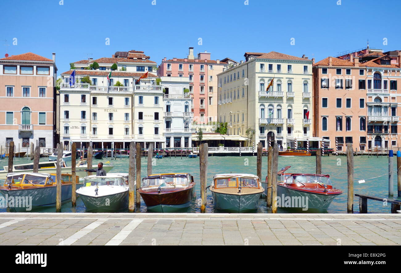 Motor boats parked on the Canal Grande in Venice, Italy Stock Photo