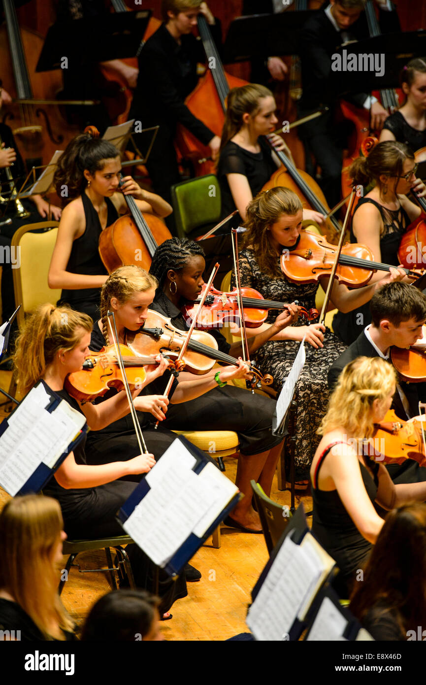 Strings: The London Schools Symphony Orchestra performing at Aberystwyth MusicFest 2014 Stock Photo