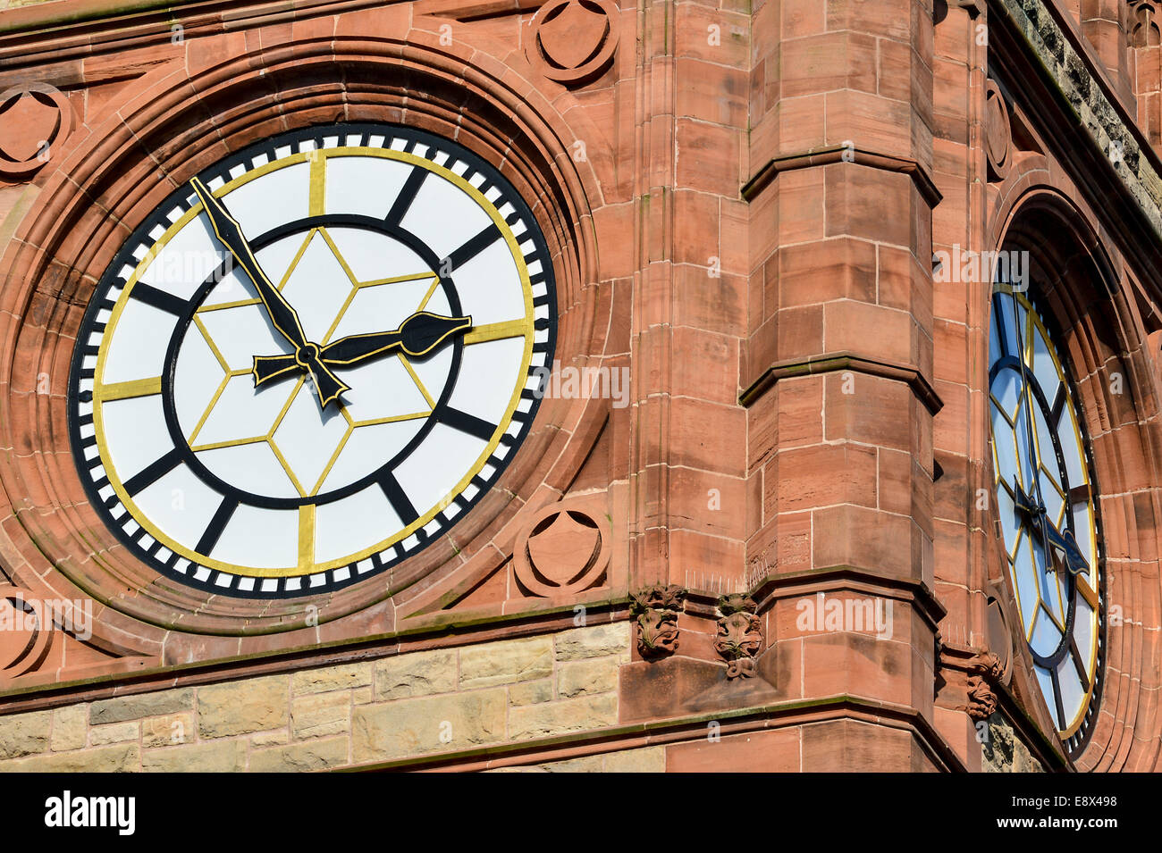 Stock Photo - Clock face on The Guildhall, Derry, Londonderry, Northern Ireland.The Guildhall clock is a replica of  Big Ben. Stock Photo