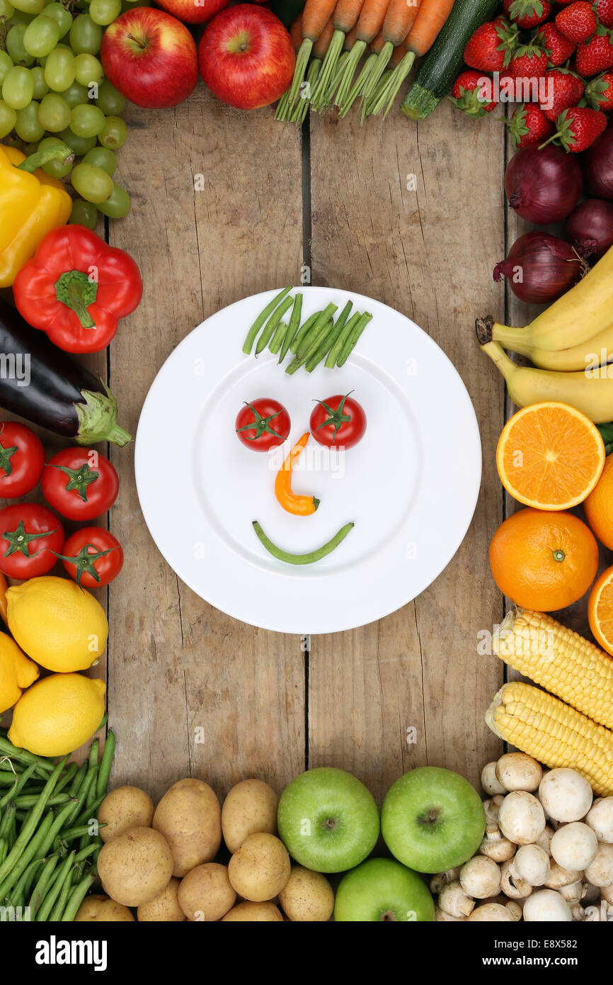 Smiling face from vegetables and fruits on plate with tomatoes