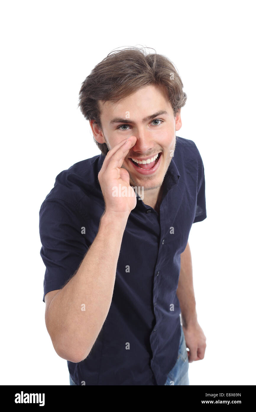 Man calling with the hand on mouth isolated on a white background Stock Photo