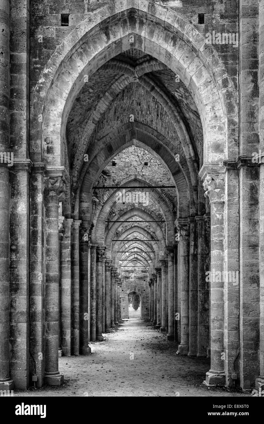 San Galgano cathedral, Montesiepi, Italy - black and white picture Stock Photo