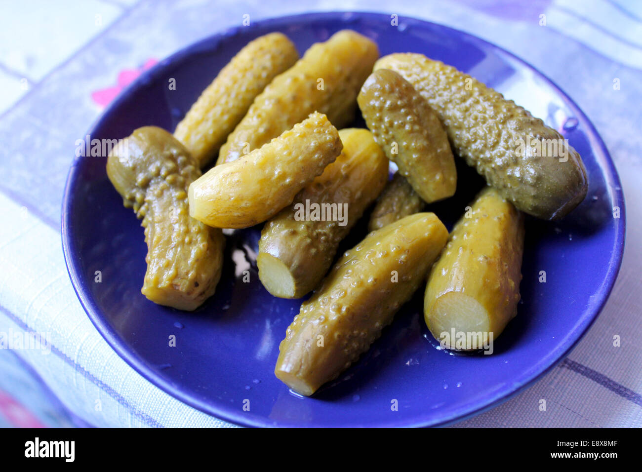 little cucumbers marinaded on the blue plate Stock Photo