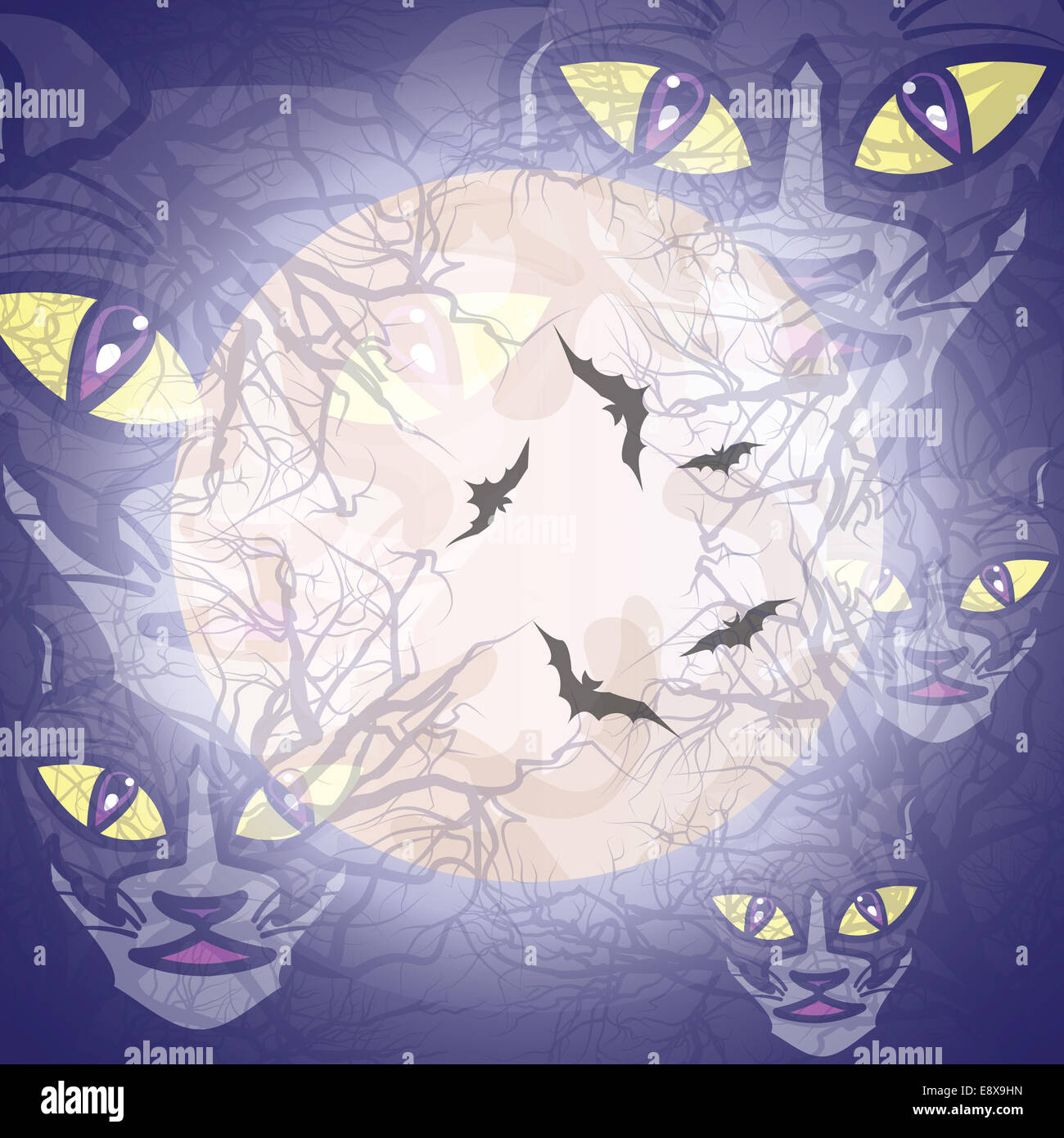 Halloween background with cat heads, bats, tree branches and full moon ...