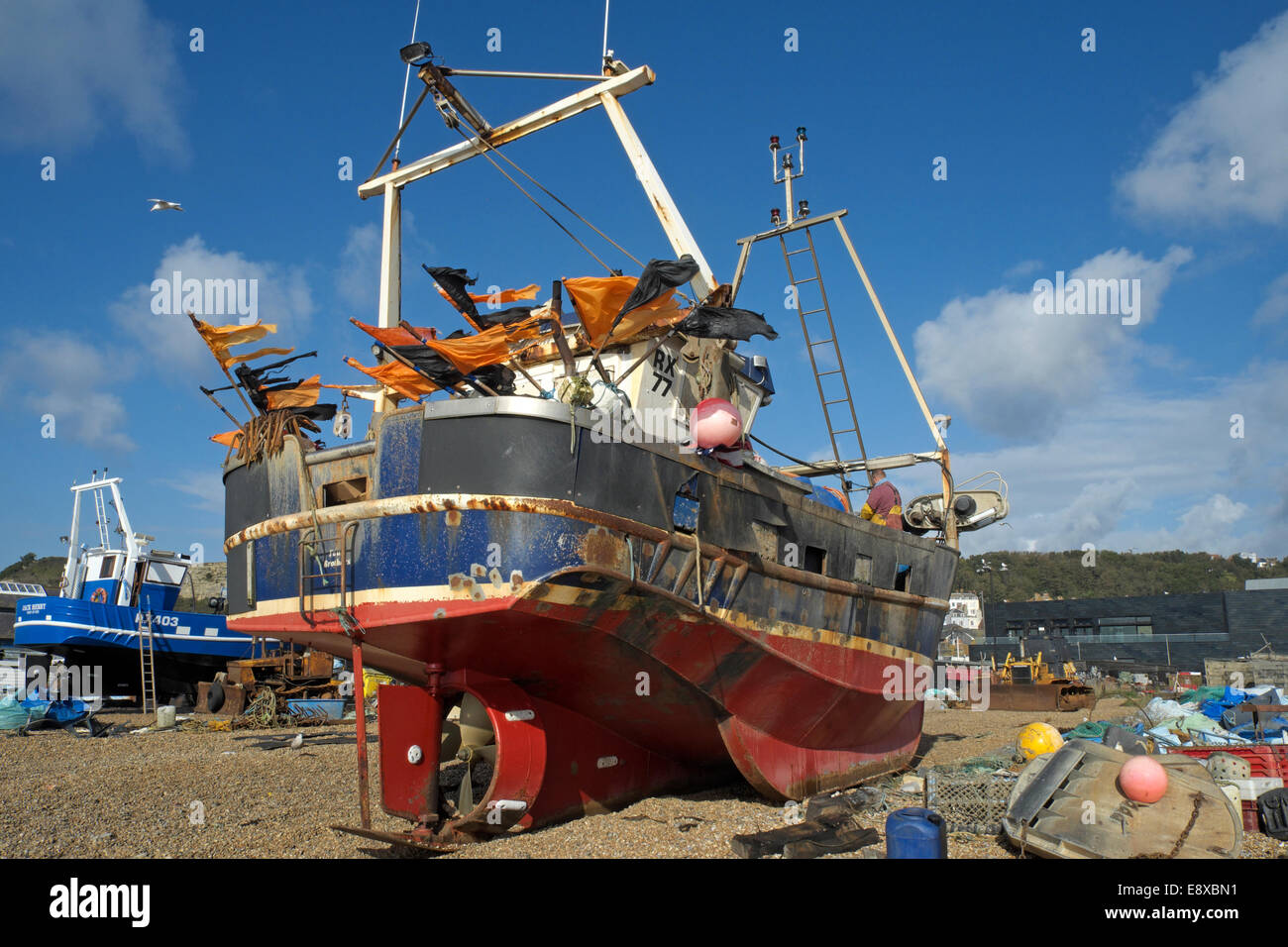 Trawlers on Hastings stade fishing boat beach East Sussex England GB UK Stock Photo
