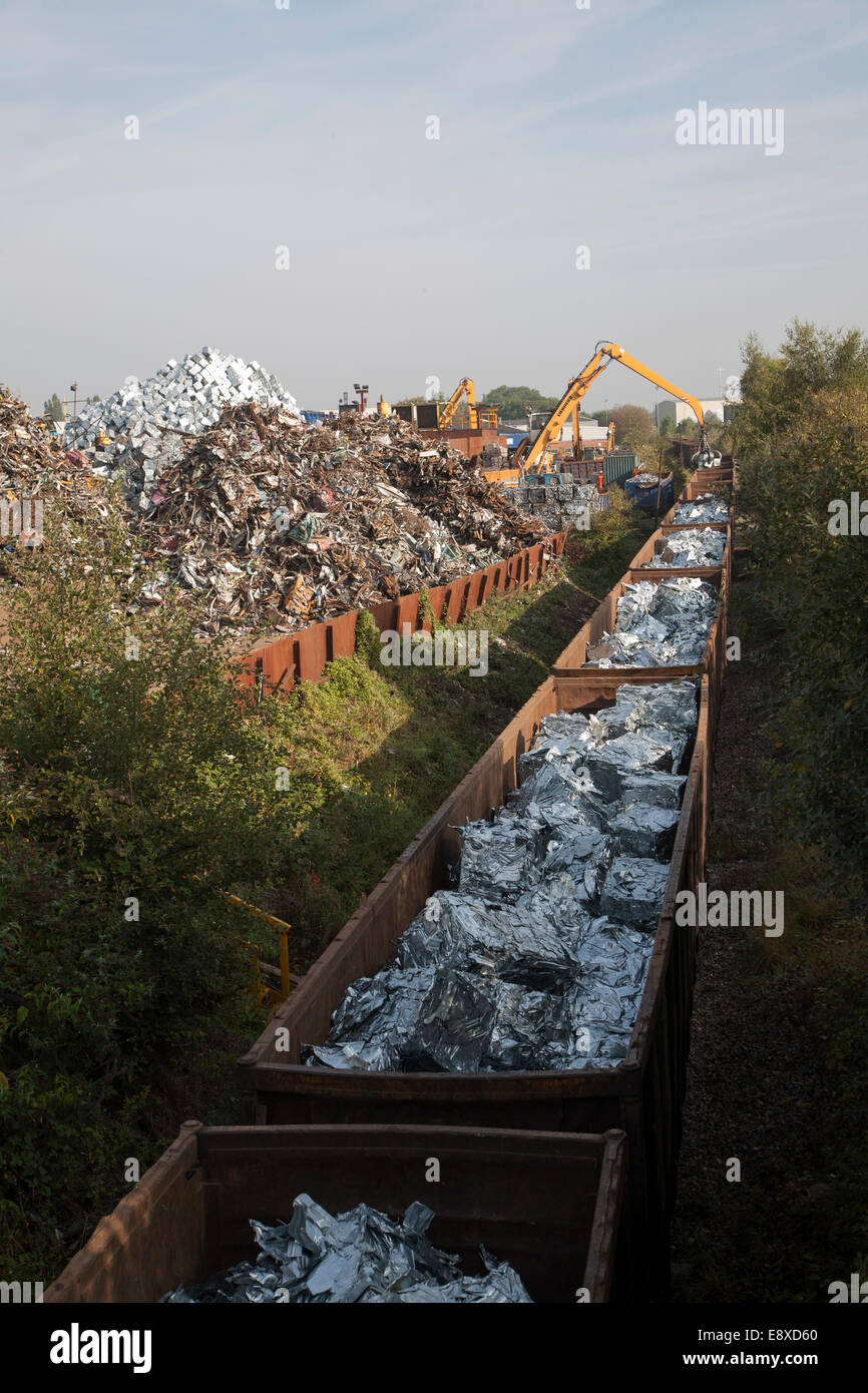 Scrap metal recycling loading train wagons with processed metals, EMR company, Swindon, England, UK Stock Photo