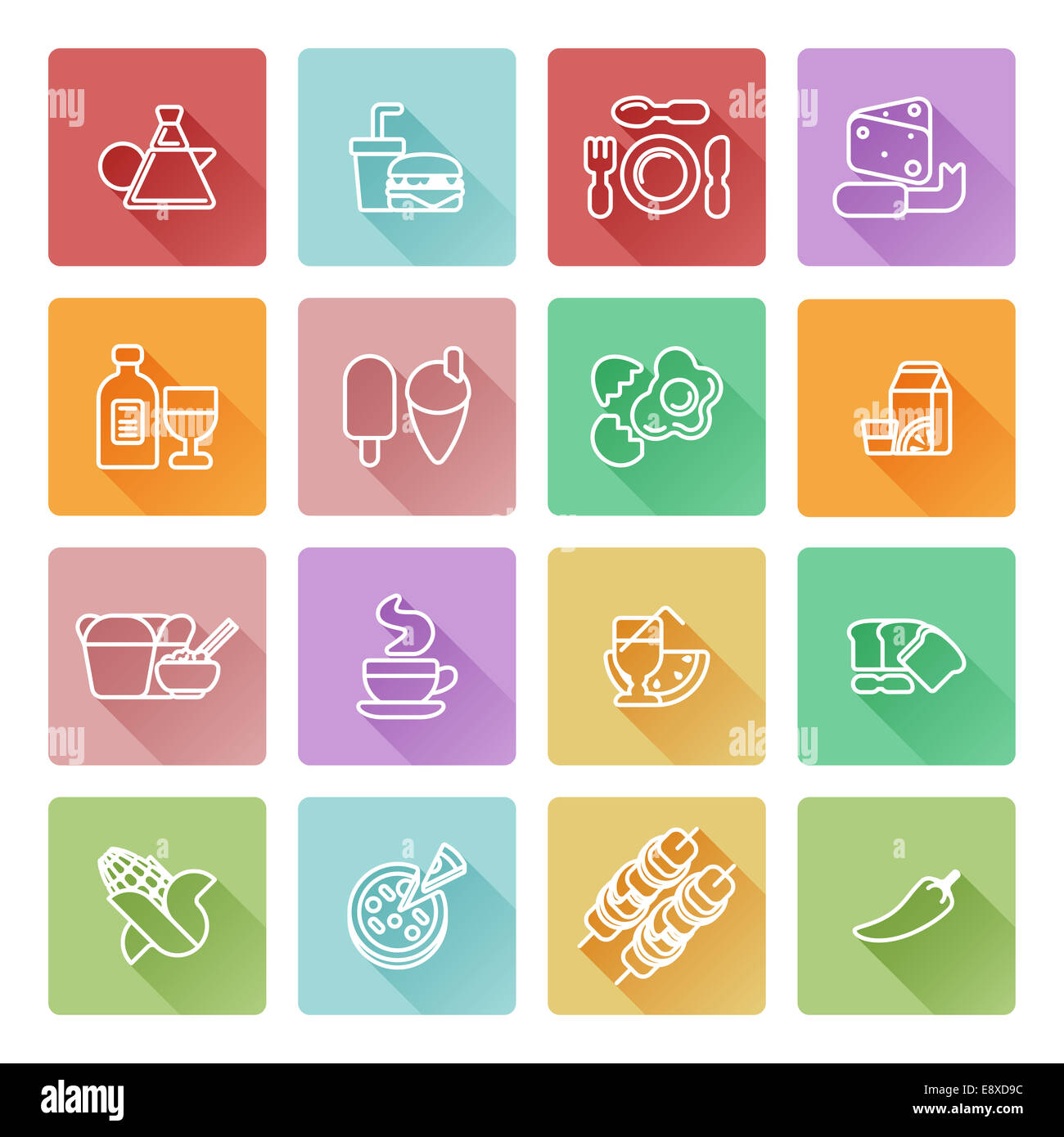 Food icon set great for restaurant or guides and similar. Including icons for burger, Chinese food, pizza, coffee and many more Stock Photo