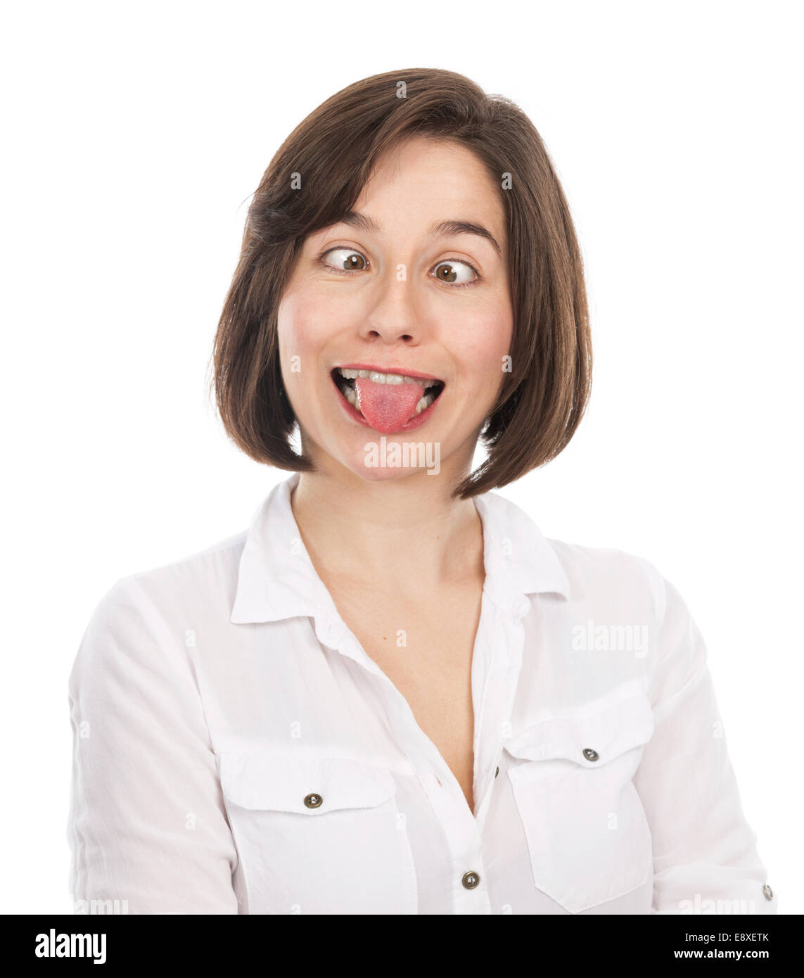 Portrait of a funny girl grimacing, isolated on white Stock Photo Alamy