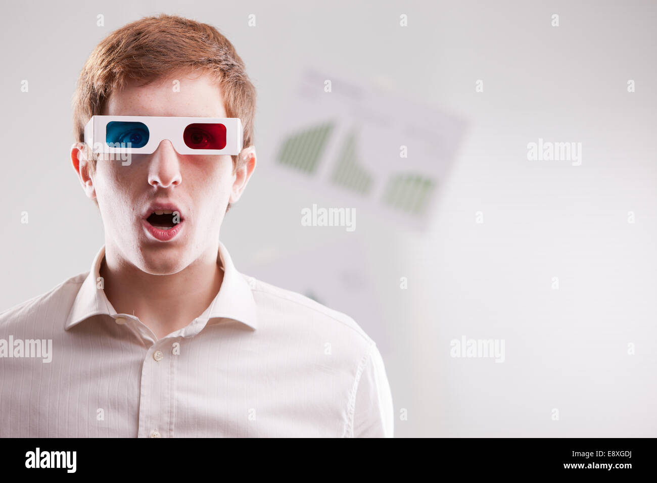 dazzled man with 3d glasses and open mouth Stock Photo