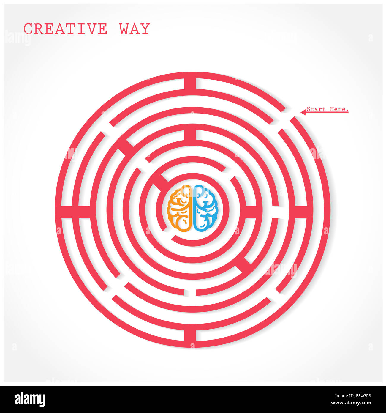 Creative circle maze way concept. Creative brain symbol  in the middle of a maze, education sign , business ideas . Stock Photo