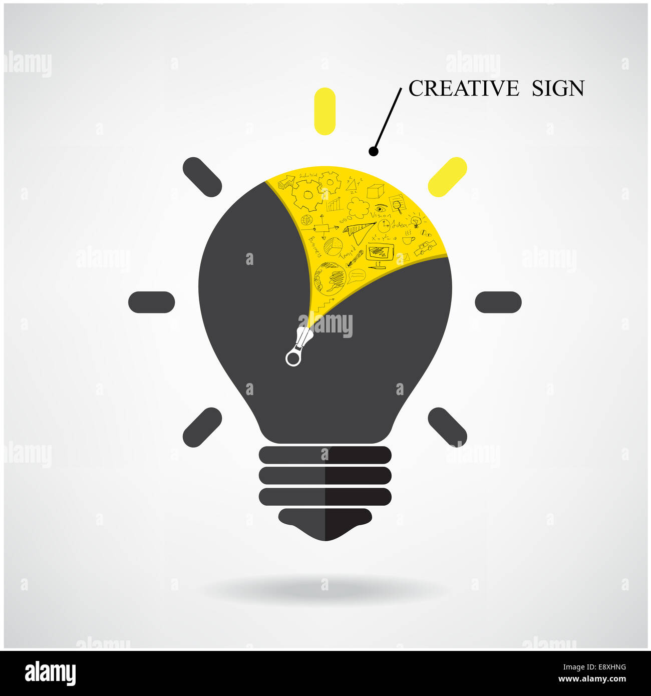 Creative light bulb Idea concept with doodle hand drawn sign. Can be used for workflow, layout, banner, diagram, web design. Stock Photo