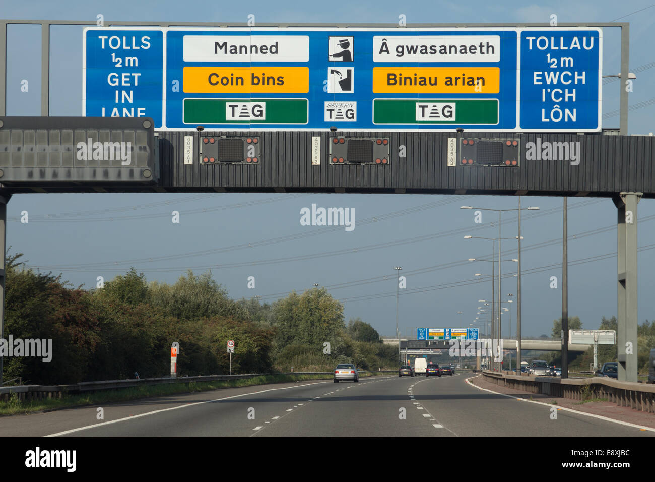 Motorway toll signs on the m4 for the second severn bridge crossing