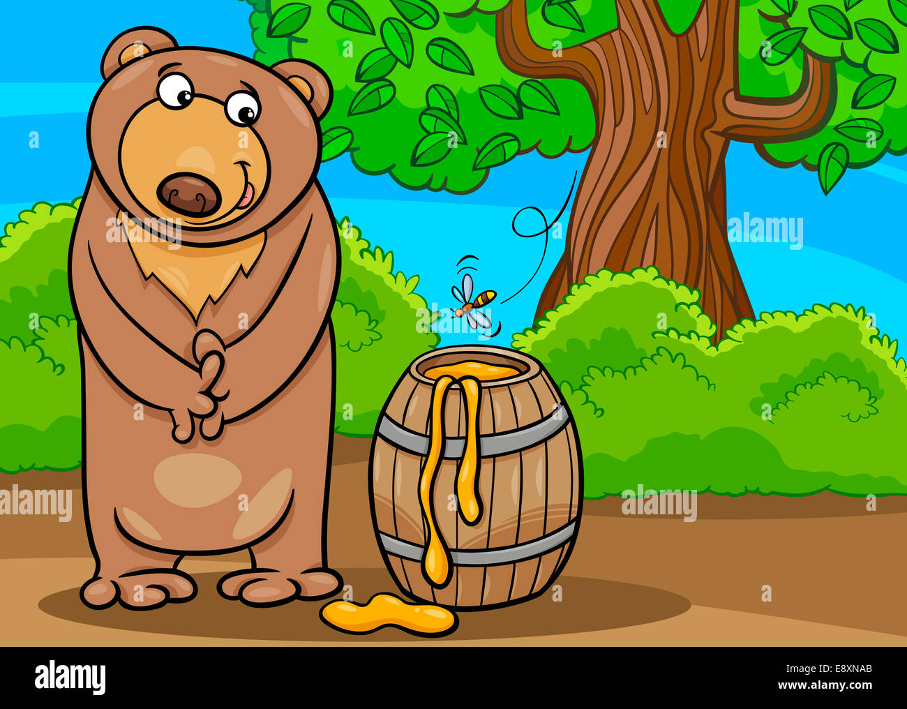 Cartoon illustration of Cute Bear with Barrel of Honey in the Forest ...