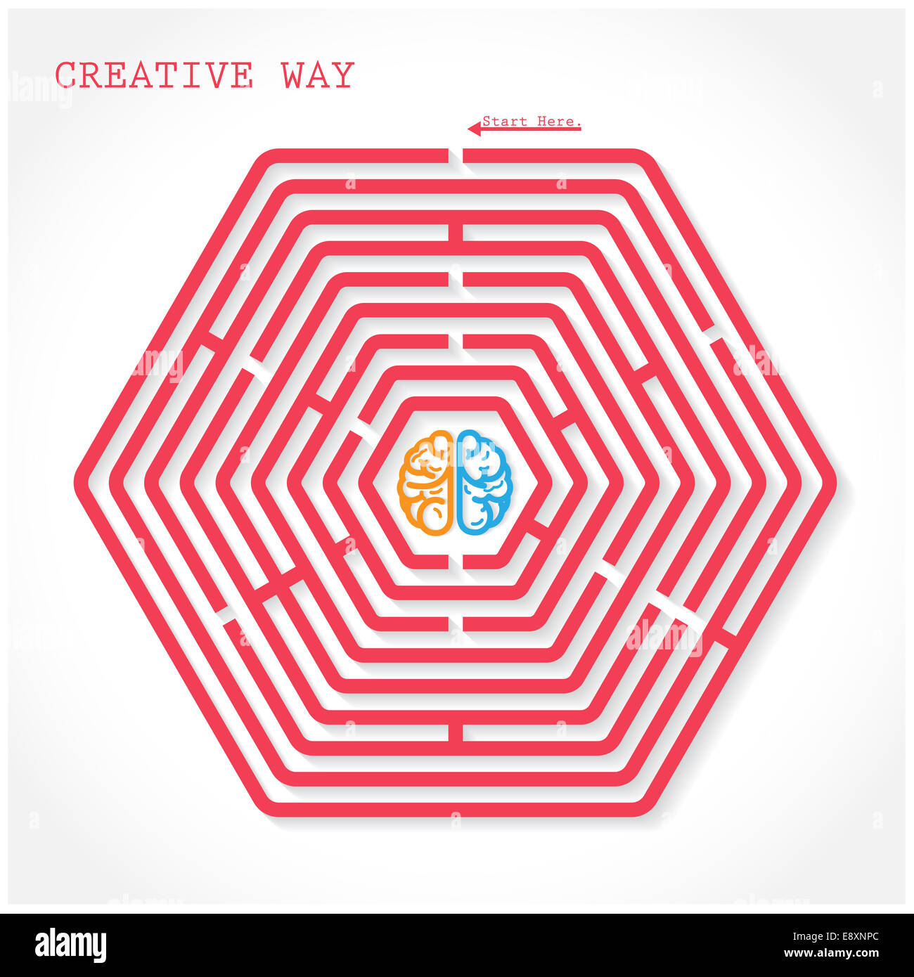 Creative hexagon maze way concept. Creative brain symbol  in the middle of hexagonal maze, education sign , business ideas . Stock Photo