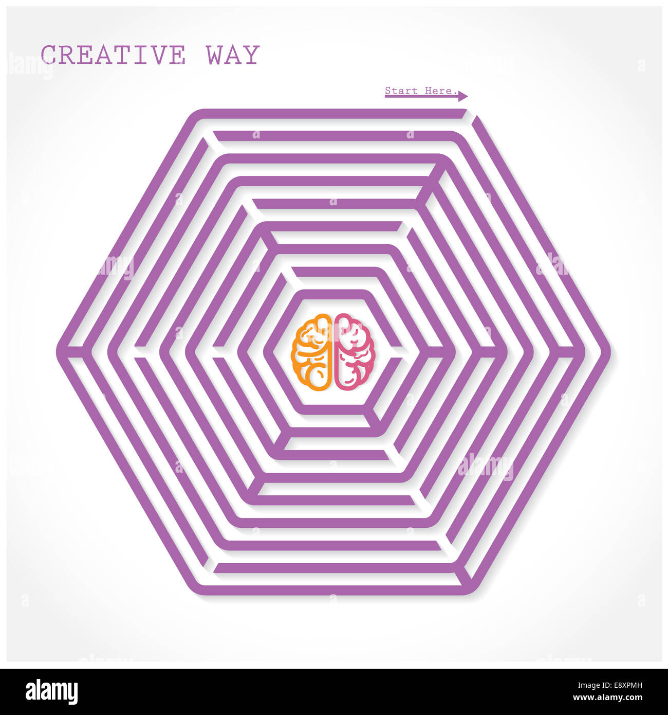 Creative hexagon maze way concept. Creative brain symbol  in the middle of hexagonal maze, education sign , business ideas. Stock Photo