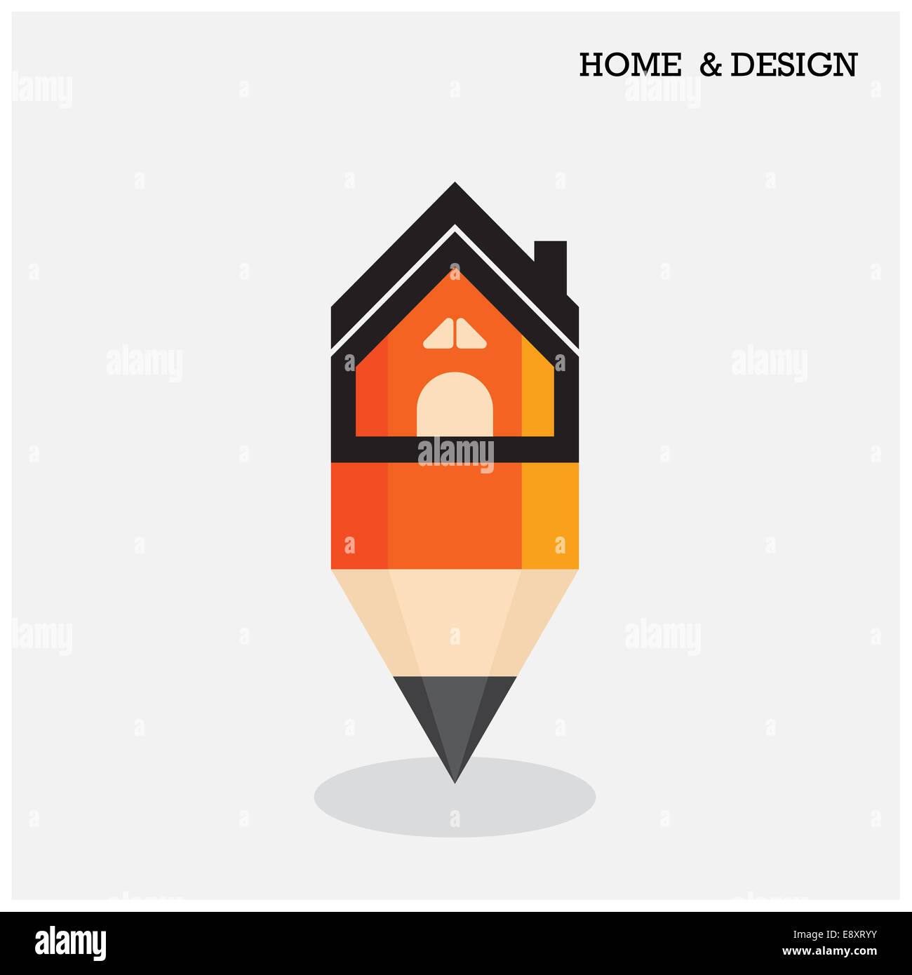 Home icon and pencil symbol in flat design style. Stock Photo