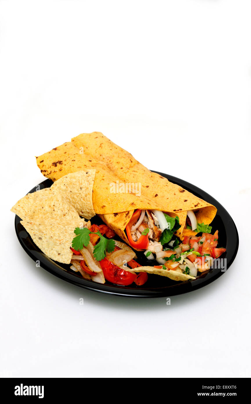 Chicken Wrap With Salsa And Chips Stock Photo