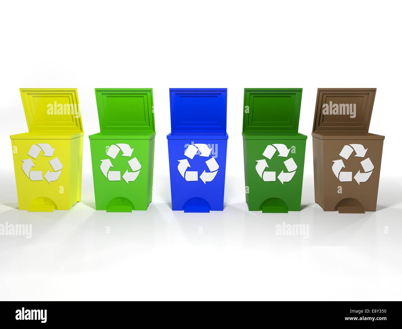 recycle bins in yellow,green,blue and brown Stock Photo