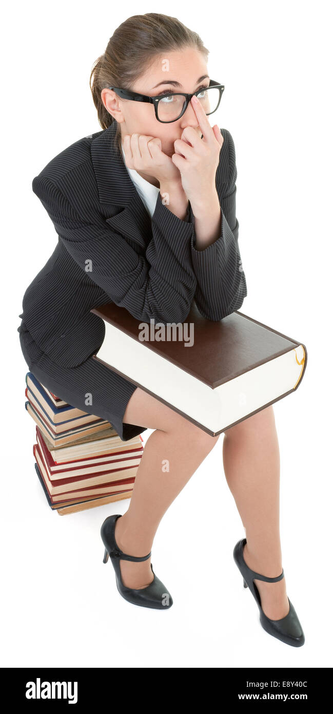 woman and a pile of books Stock Photo - Alamy
