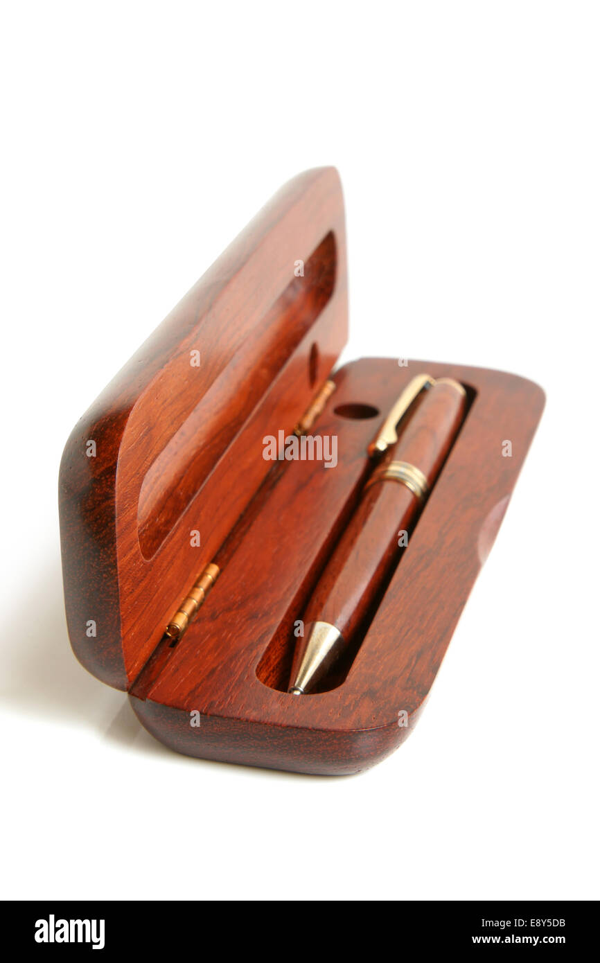Mahogany ball pen in an opened wooden case Stock Photo