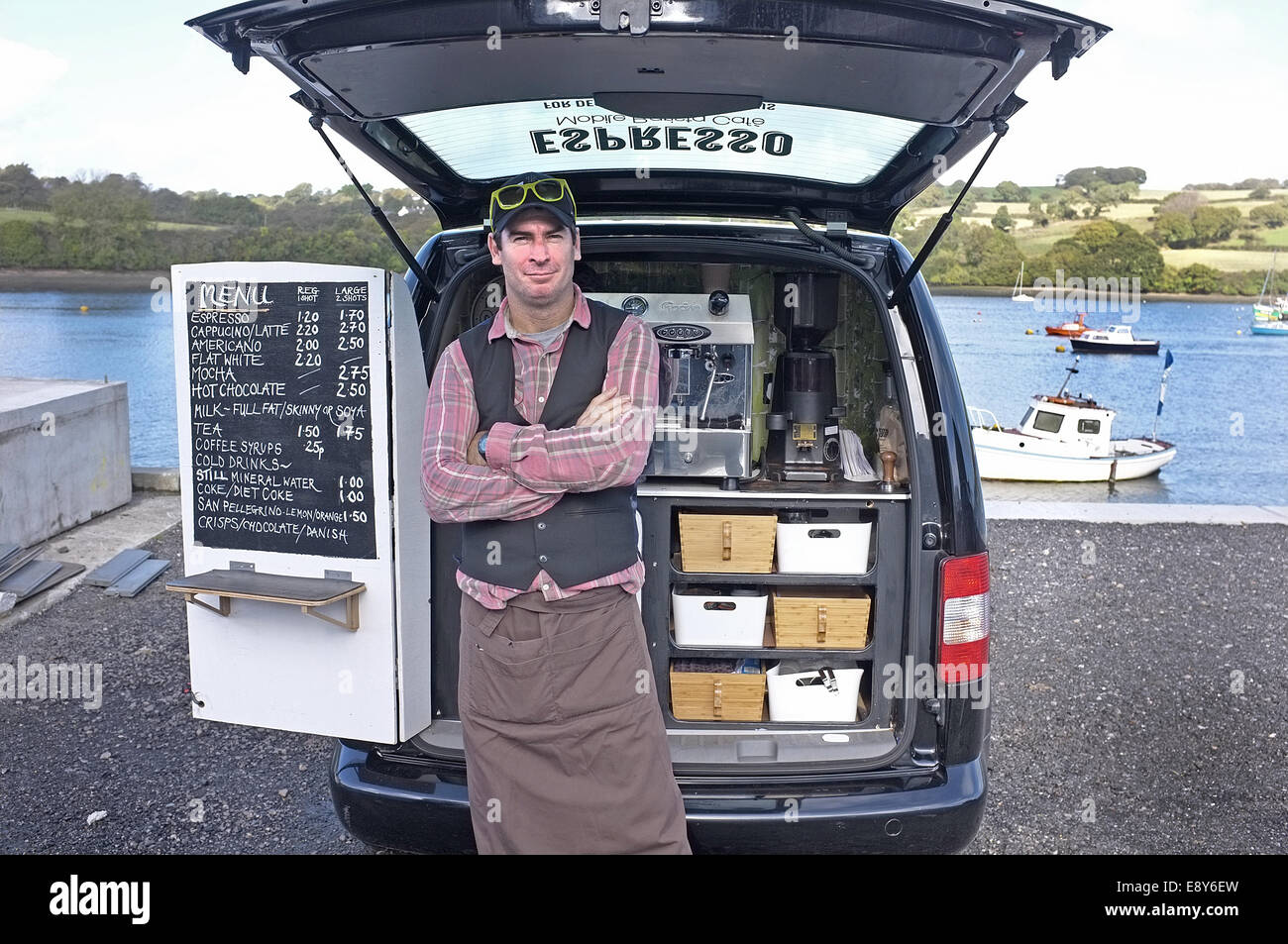 An independent coffee barista, espresso Cornwall, in Falmouth Cornwall UK on the Penryn river. Stock Photo