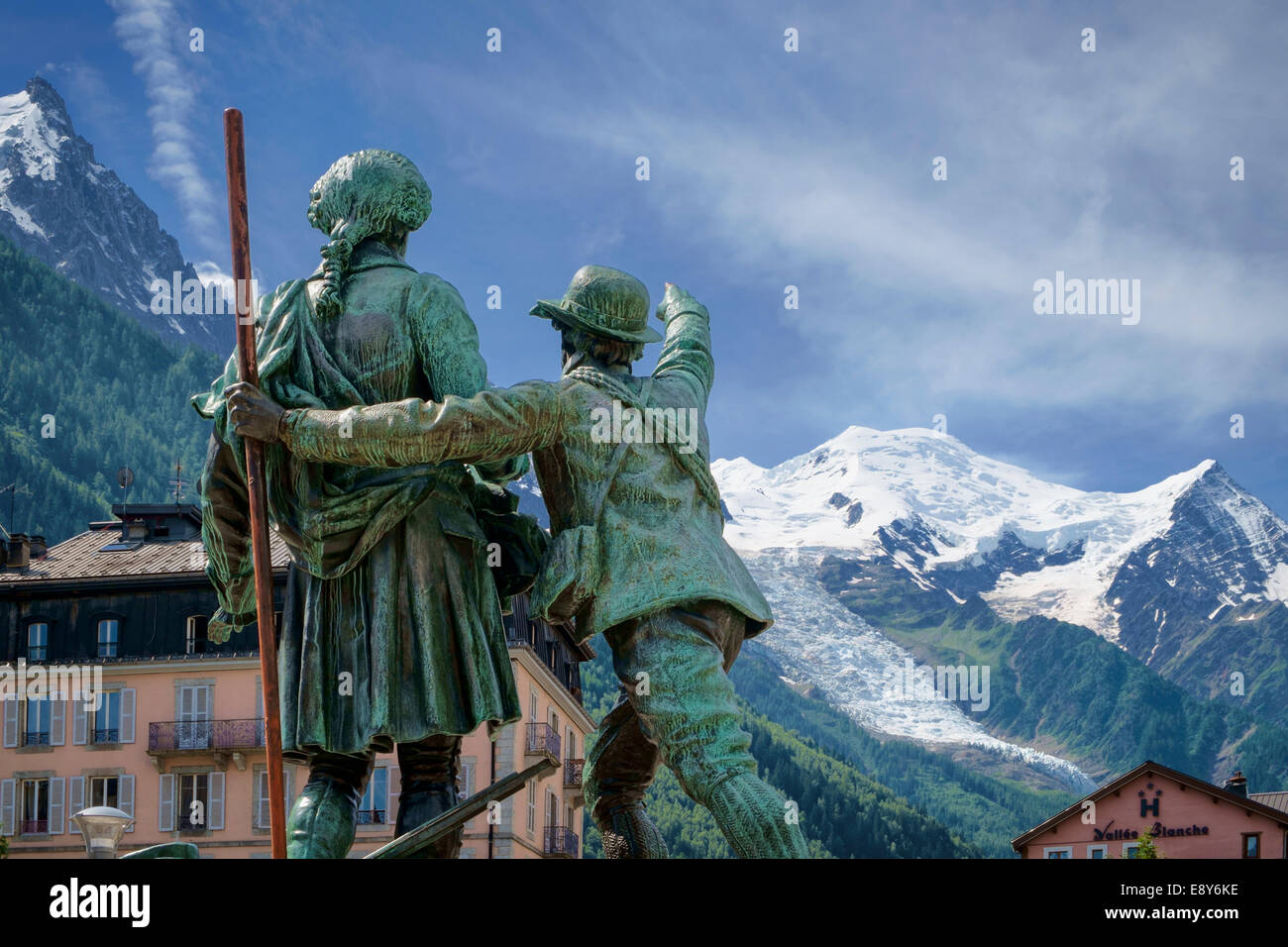 Statue of climbers Horace-Benedict de Saussure and Jacques Balmat (R) pointing to Mont Blanc in Chamonix, French Alps, France Stock Photo