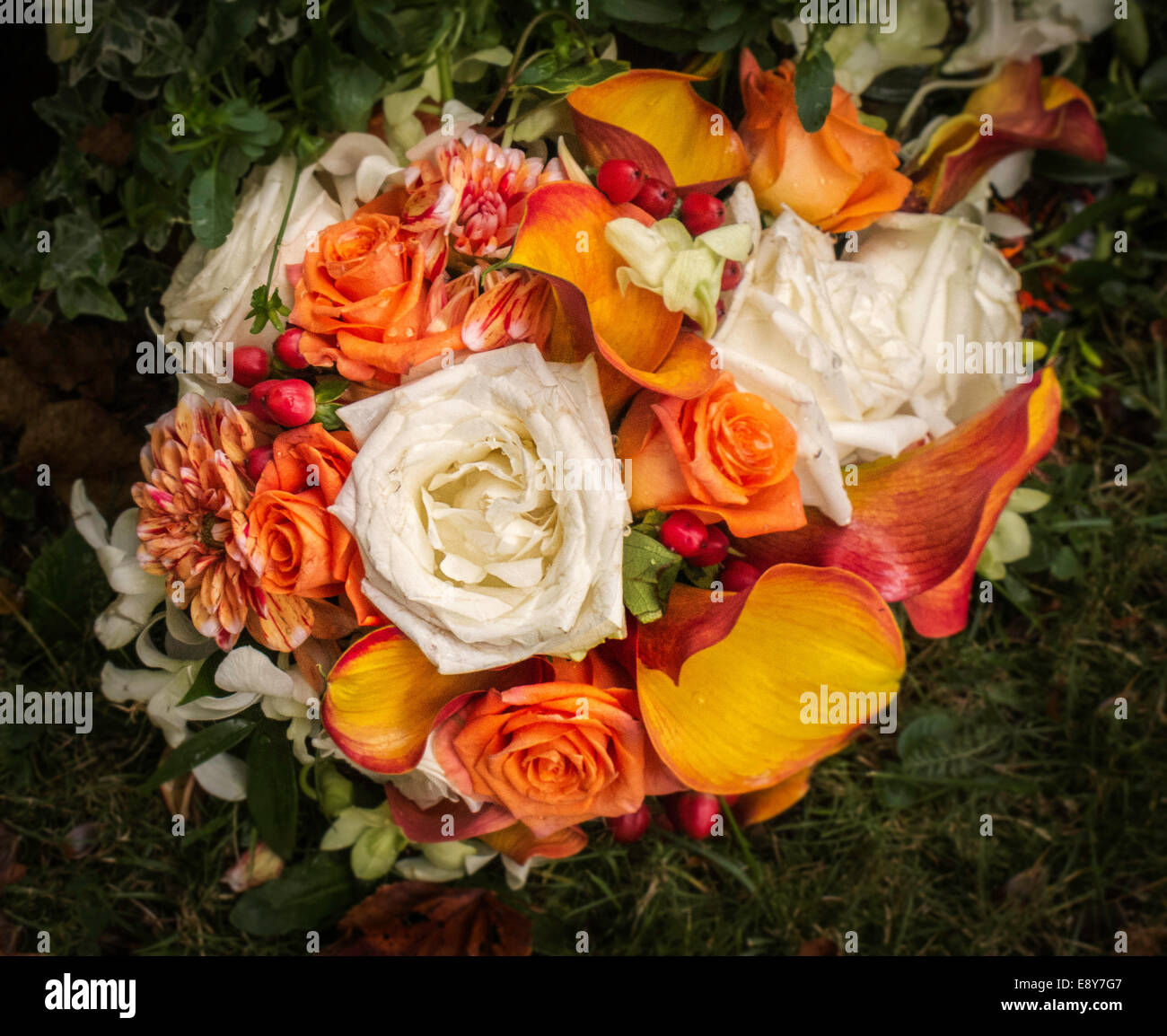 A mixed Bouquet of  autumn coloured flowers roses and berries Stock Photo