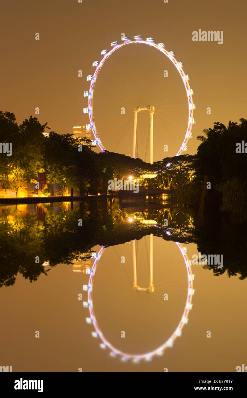 Singapore flyer reflecting in the water at night, Singapore, Asia Stock Photo