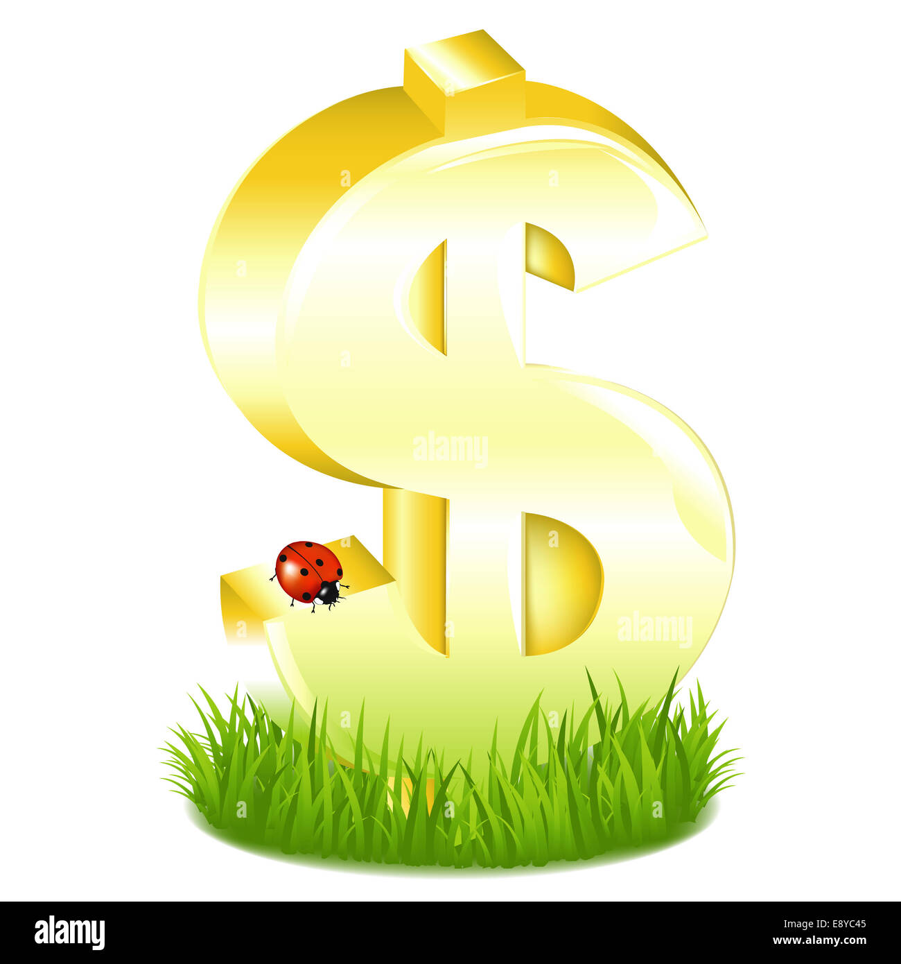 Golden Dollar Sign In Grass With Ladybug Stock Photo