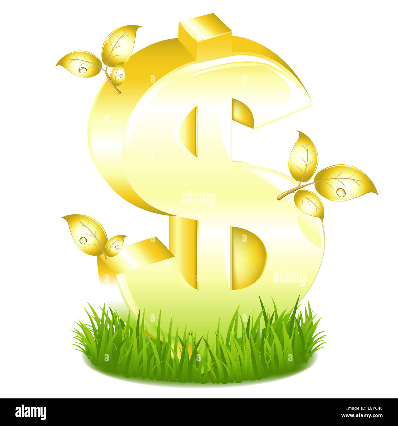 Golden Dollar Sign With Leaves In Grass Stock Photo